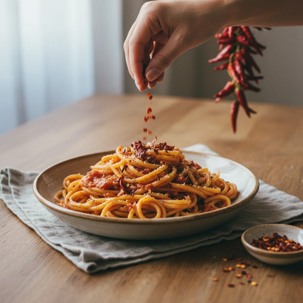 Illustration de Bucatini all'amatriciana avec sa recommandation condimentaire