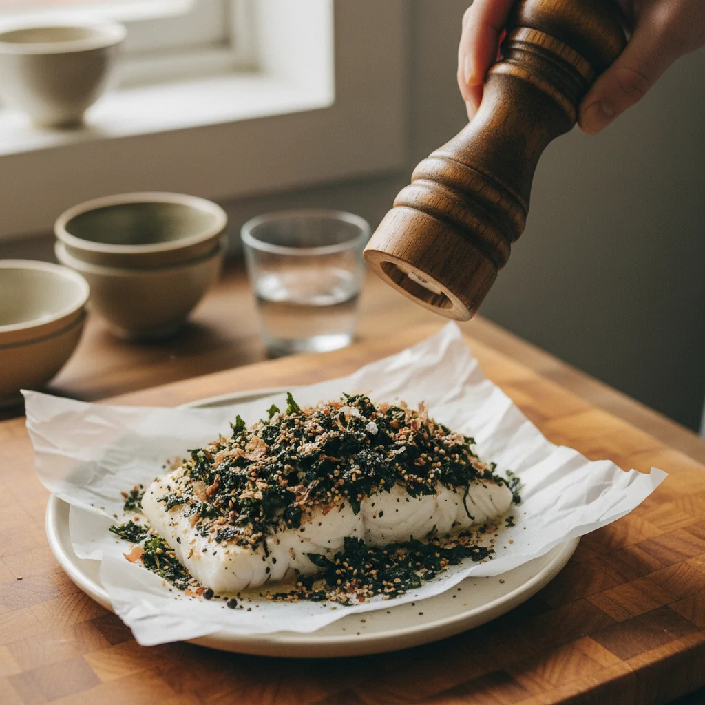 Illustration Cabillaud vapeur à l'asiatique avec Furikake japonais