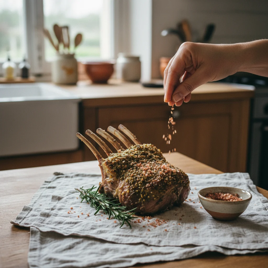 Illustration Carré d'agneau aux herbes avec Sel rouge d'Hawaï Alaea