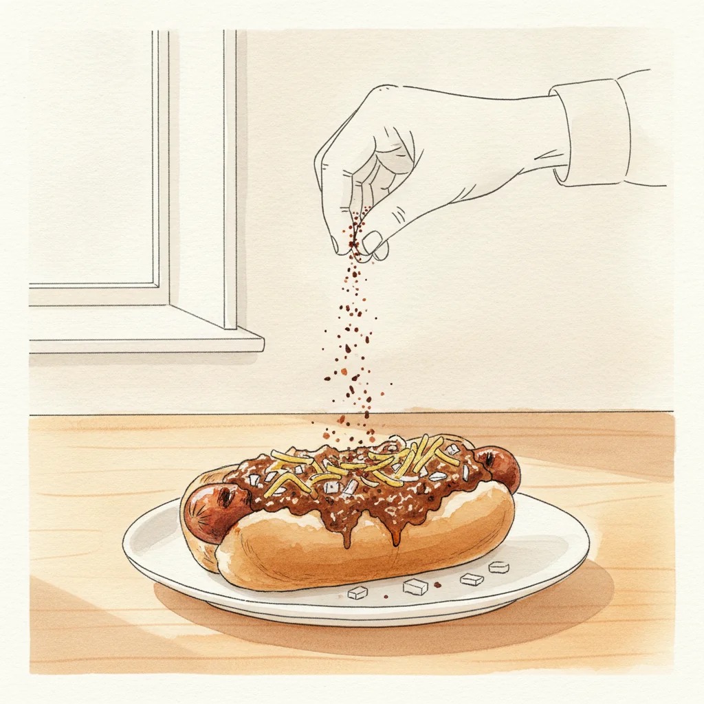 Illustration of Chili dog with its condiment recommendation
