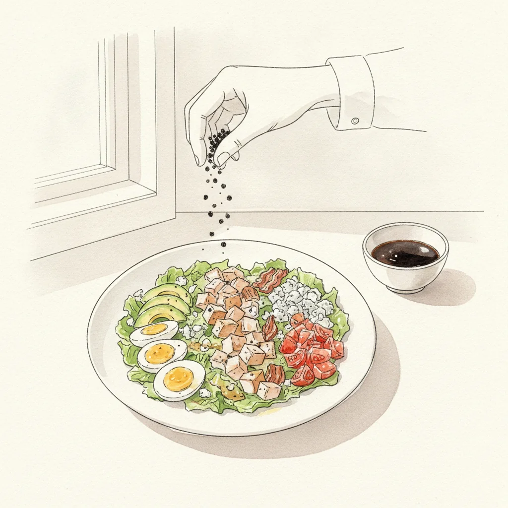 Illustration of Cobb salad with its condiment recommendation