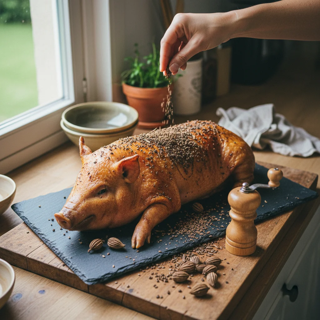 Illustration de Cochon de lait rôti avec sa recommandation condimentaire