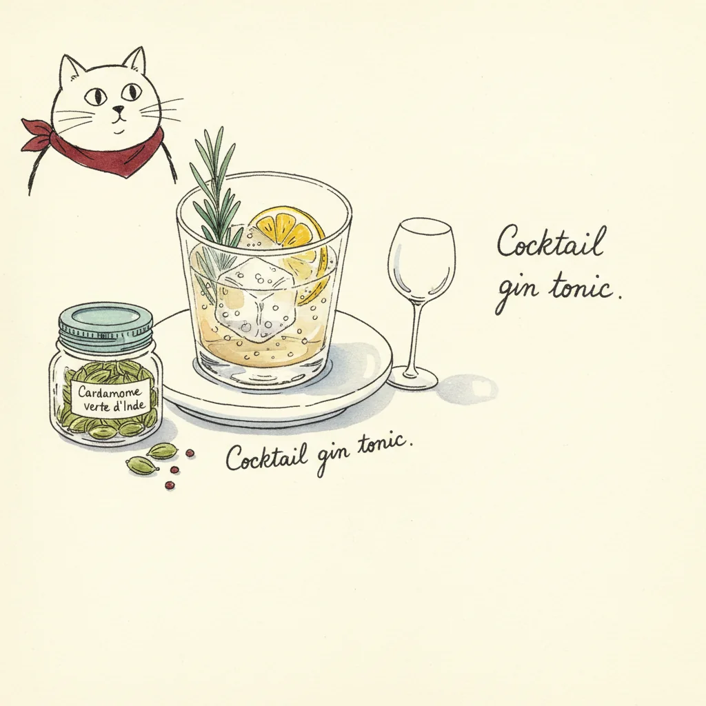 Illustration Cocktail gin tonic avec Cardamome verte d'Inde