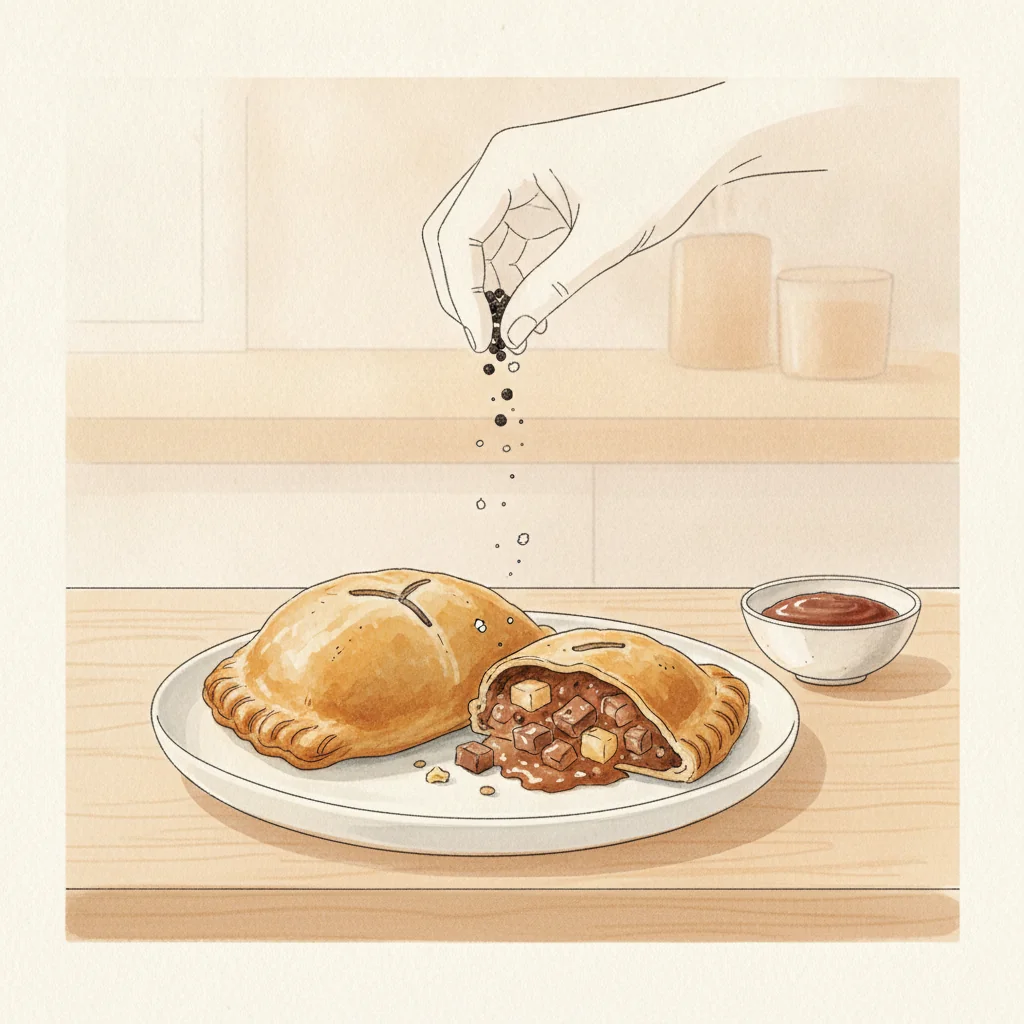 Illustration of Cornish pasty with its condiment recommendation