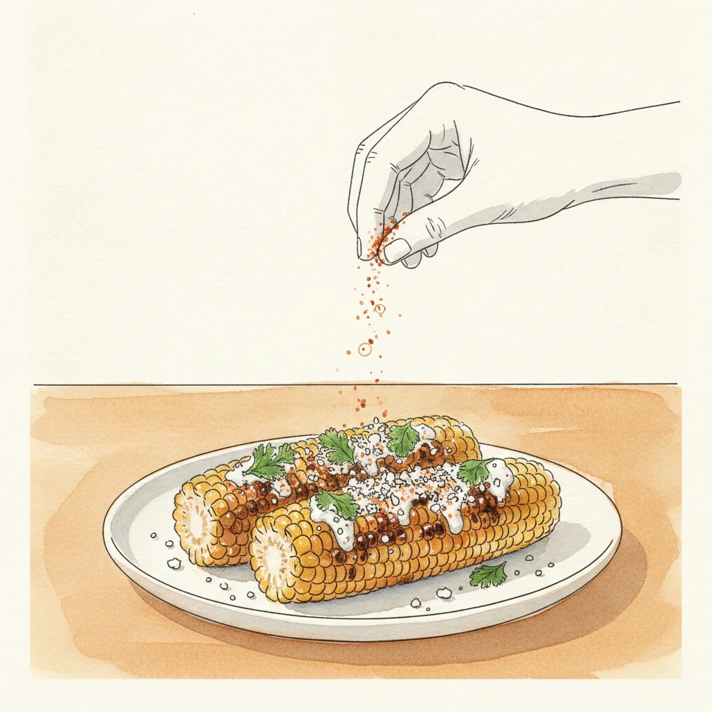 Illustration of Elote (Mexican street corn) with its condiment recommendation