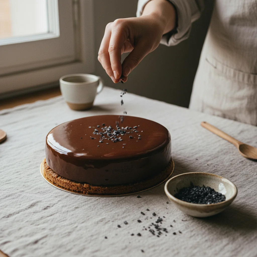 Illustration Entremets chocolat-caramel avec Sel noir d'Hawaï Hiwa Kai