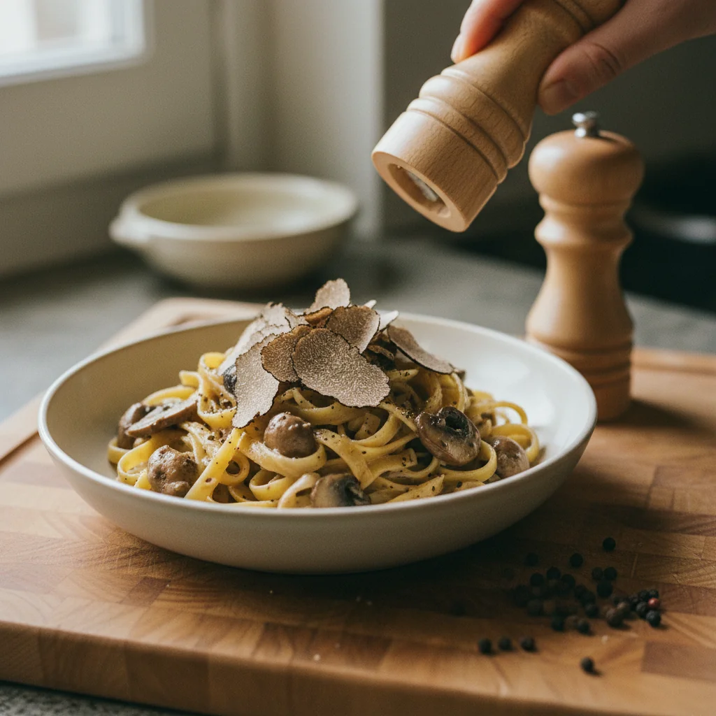 Illustration de Fettuccine aux champignons à la crème avec sa recommandation condimentaire