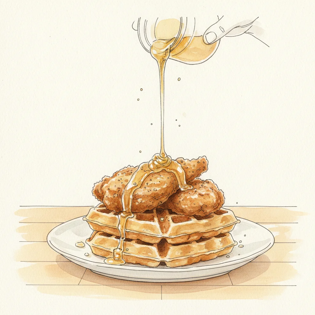 Illustration of Chicken and waffles with its condiment recommendation