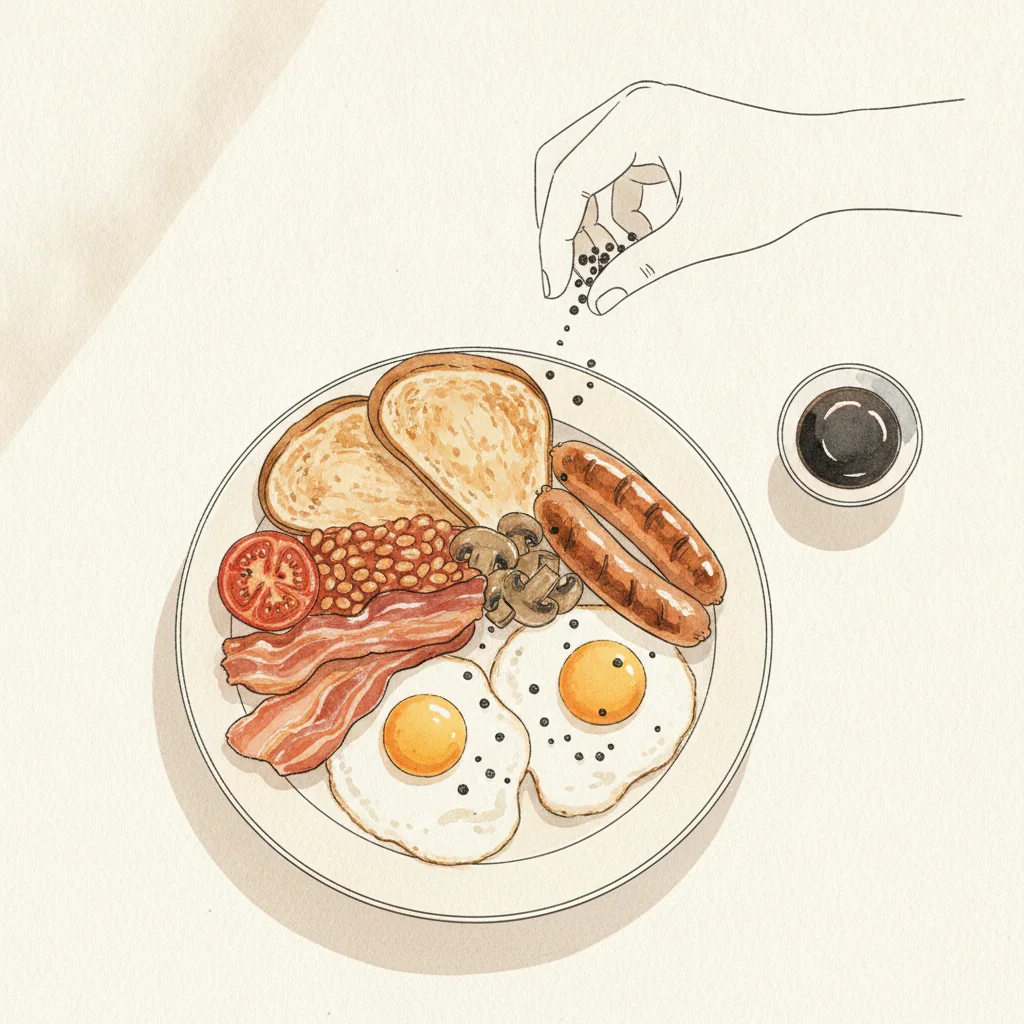 Illustration of Full English breakfast with its condiment recommendation