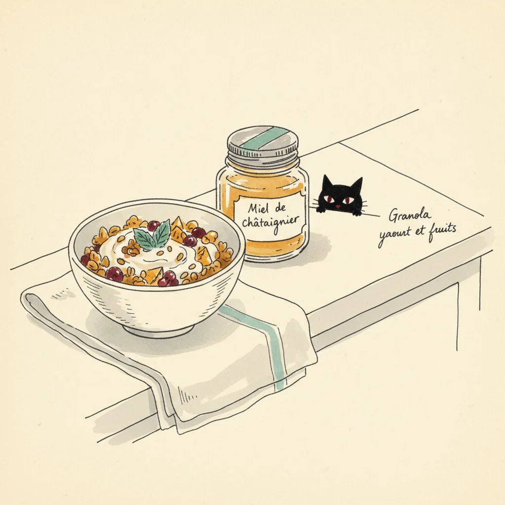 Illustration de Granola yaourt et fruits avec sa recommandation condimentaire