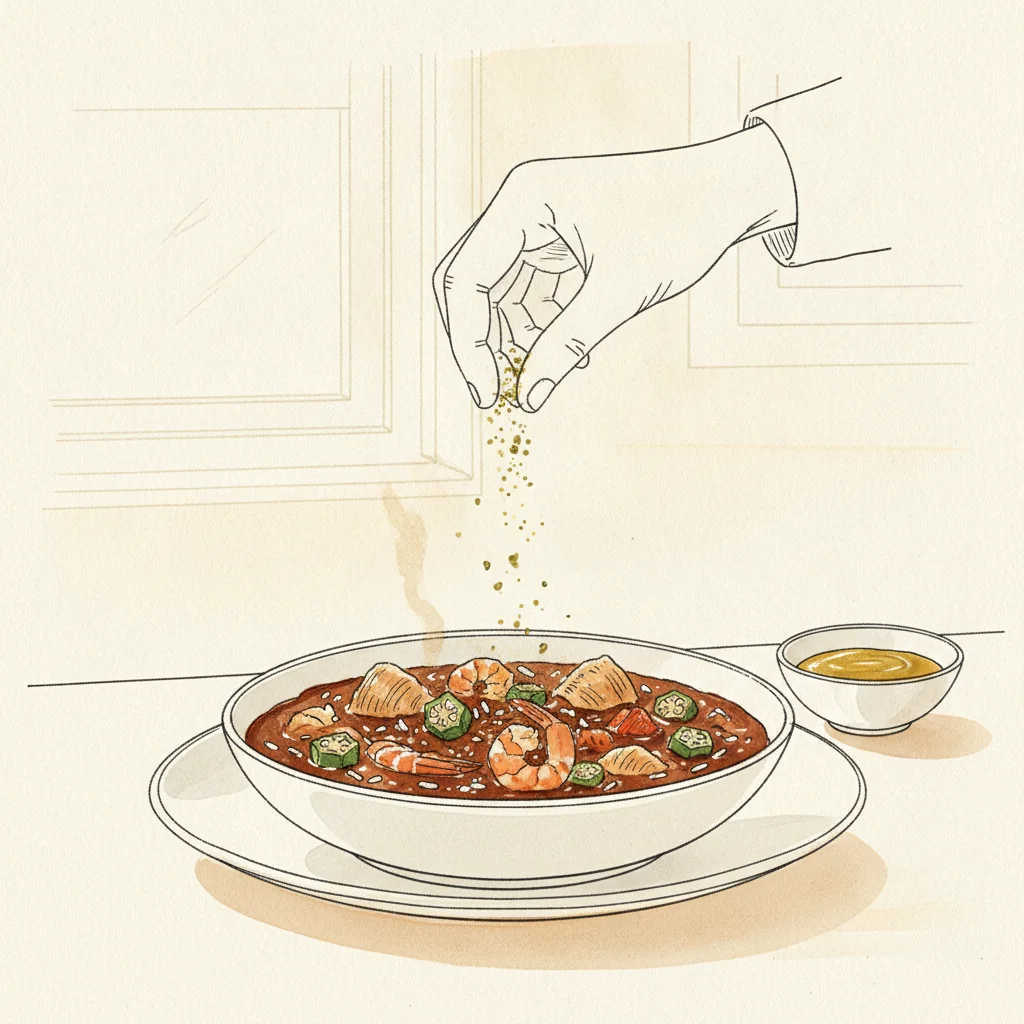 Illustration of Gumbo with its condiment recommendation