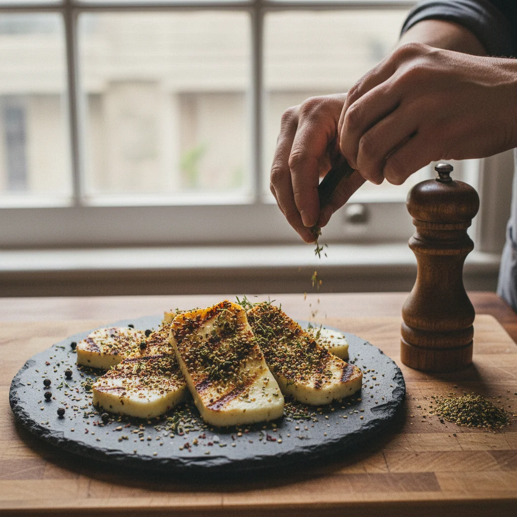 Illustration de Halloumi grillé avec sa recommandation condimentaire