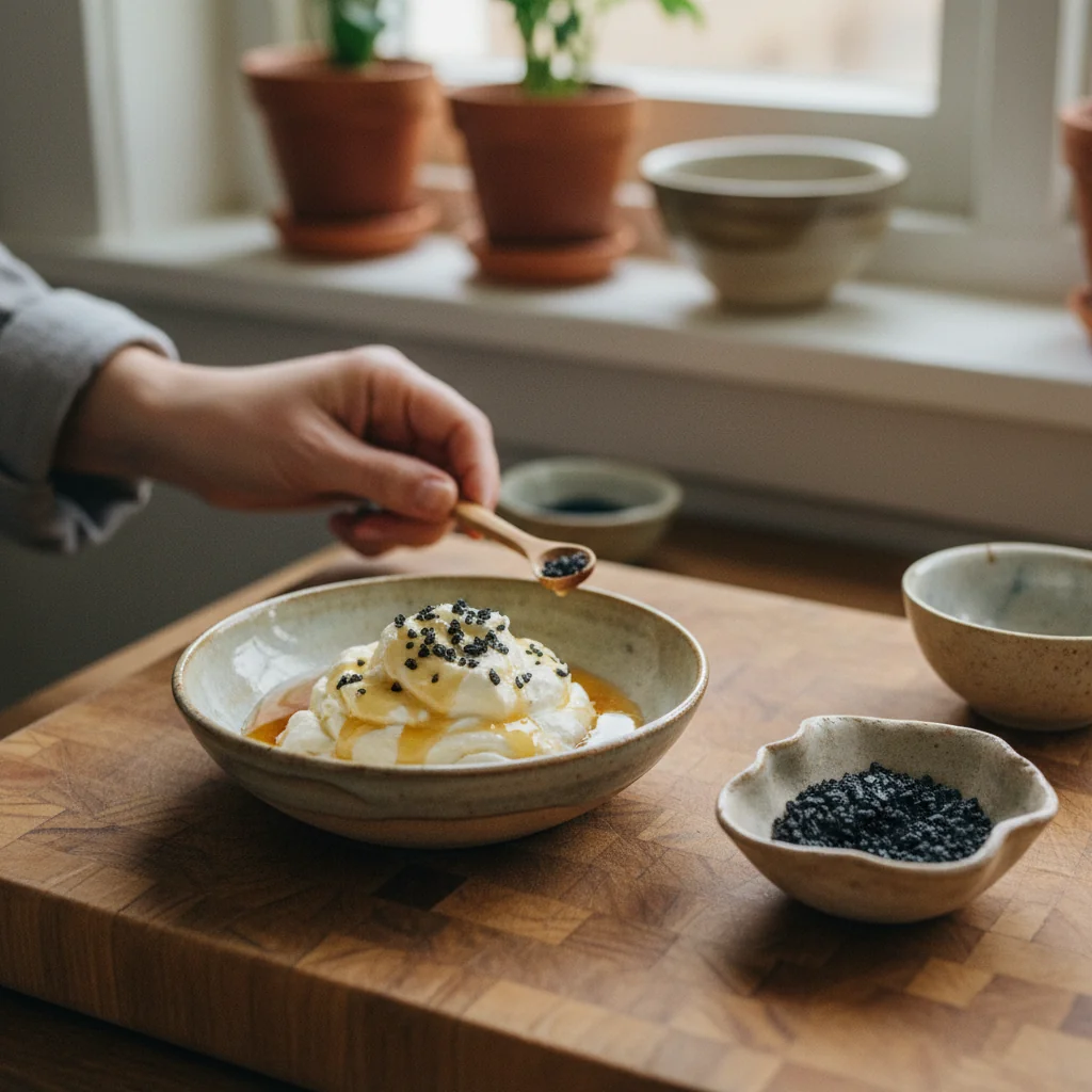 Illustration Mascarpone au miel avec Sel noir d'Hawaï Hiwa Kai