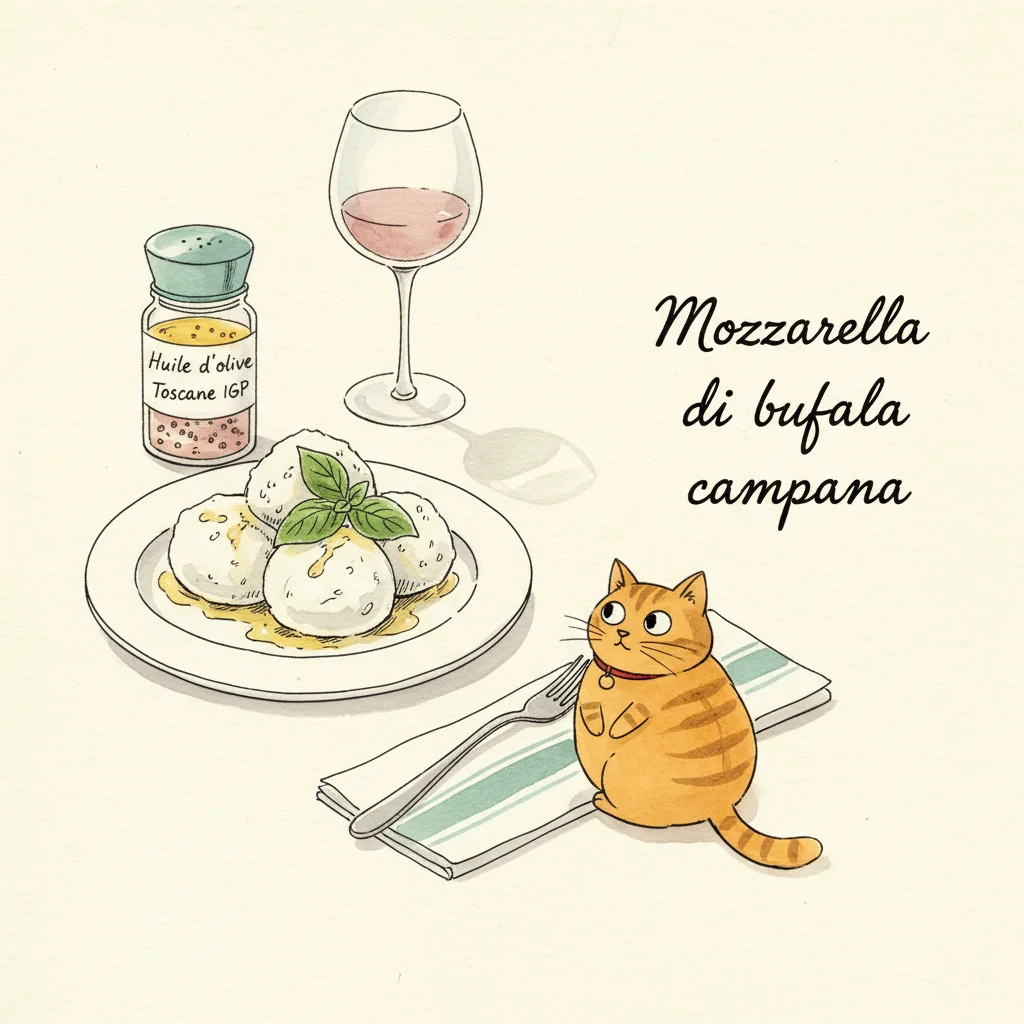 Illustration de Mozzarella di bufala campana avec sa recommandation condimentaire