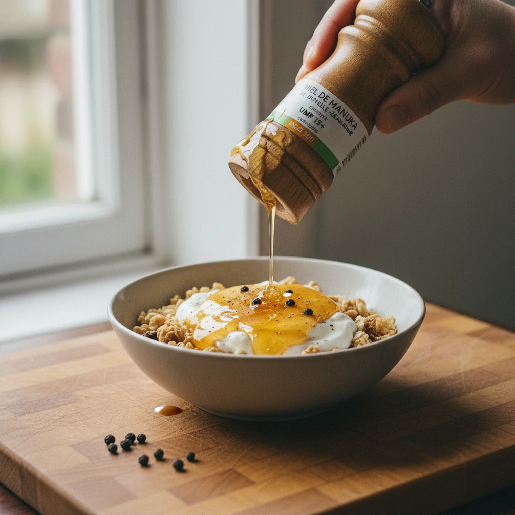 Illustration de Muesli au yaourt et miel avec sa recommandation condimentaire