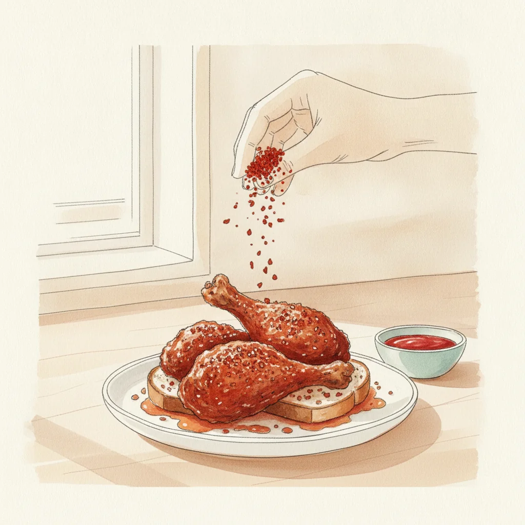 Illustration of Nashville hot chicken with its condiment recommendation