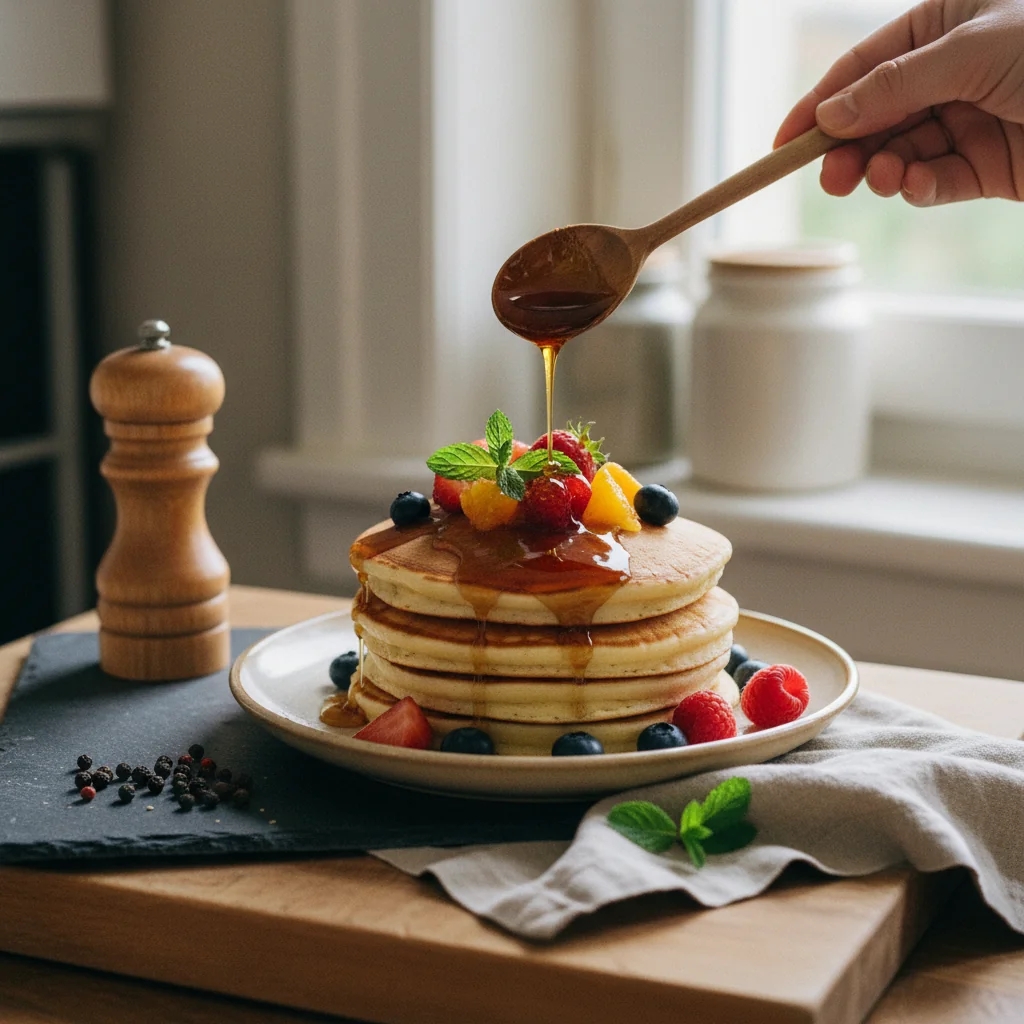 Illustration de Pancakes au miel et fruits frais avec sa recommandation condimentaire