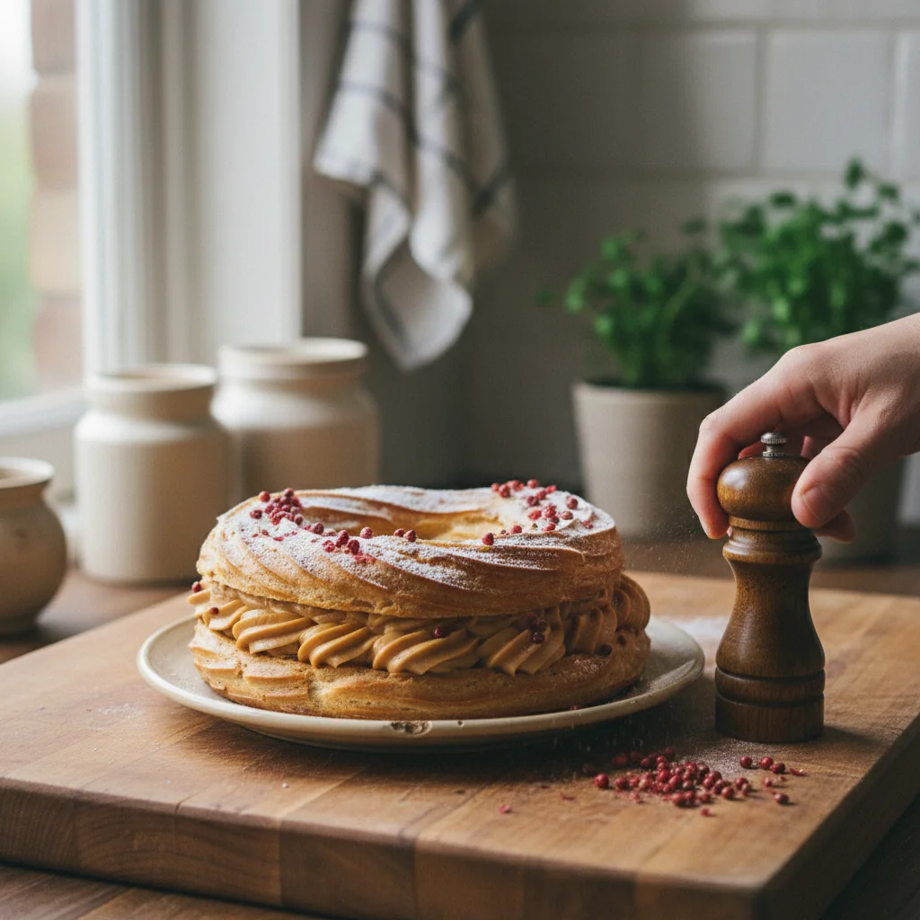 Illustration de Paris-Brest à la crème pralinée avec sa recommandation condimentaire