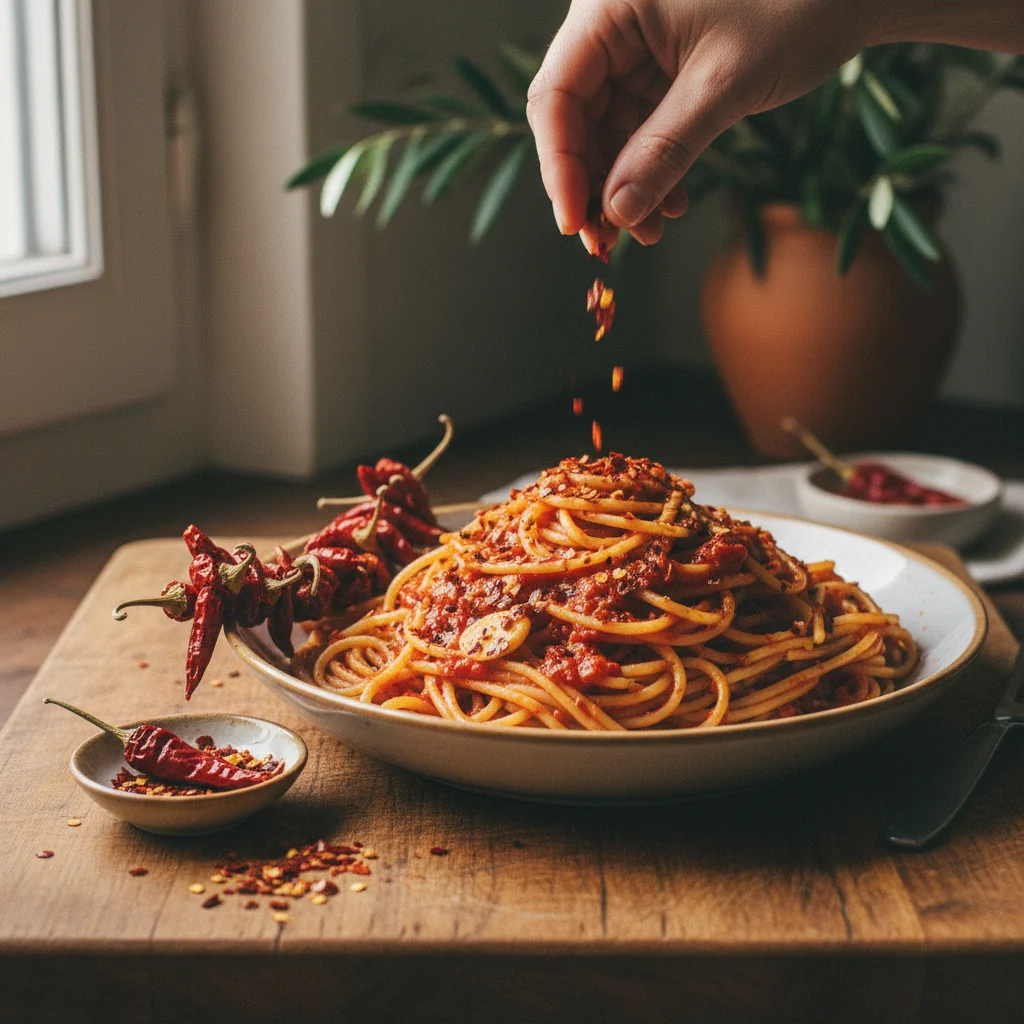 Illustration de Pasta all'arrabbiata au peperoncino avec sa recommandation condimentaire