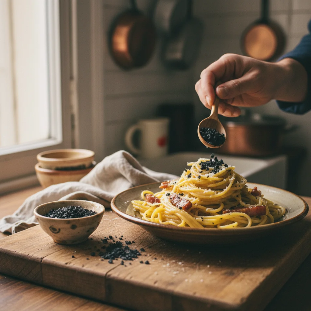 Illustration de Pasta carbonara au guanciale avec sa recommandation condimentaire