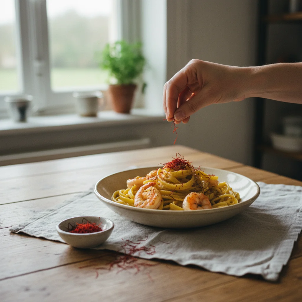 Illustration de Pasta aux crevettes et safran avec sa recommandation condimentaire