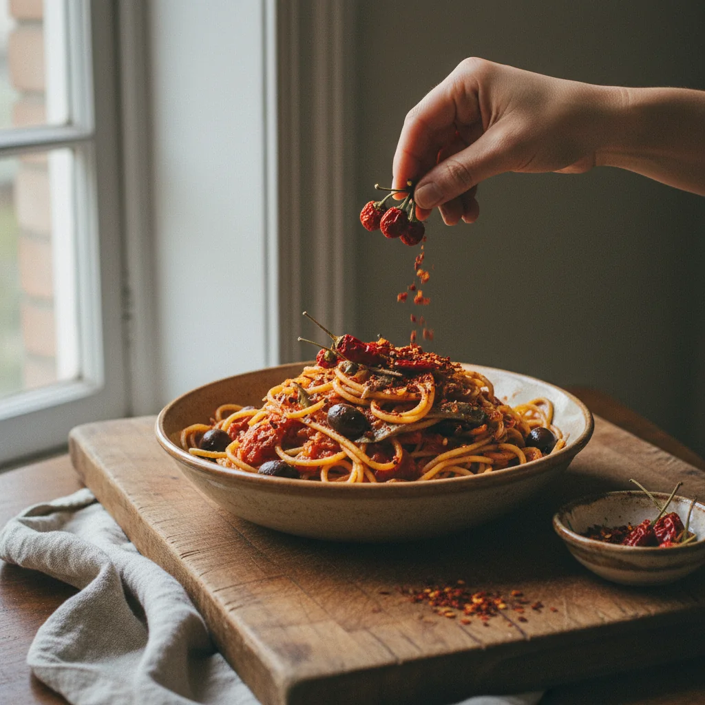 Illustration de Pasta puttanesca avec sa recommandation condimentaire