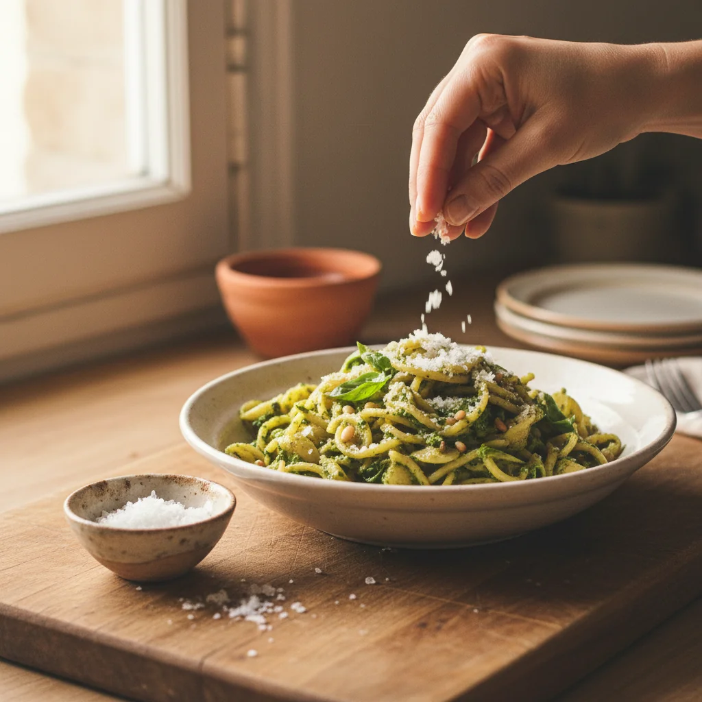 Illustration de Pasta à la sauce pistou avec sa recommandation condimentaire