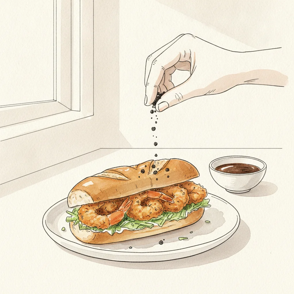 Illustration of Fried shrimp po'boy with its condiment recommendation