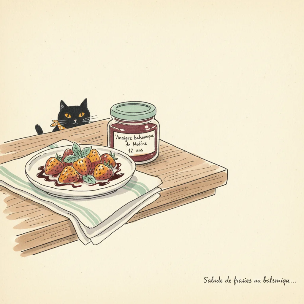 Illustration de Salade de fraises au balsamique avec sa recommandation condimentaire