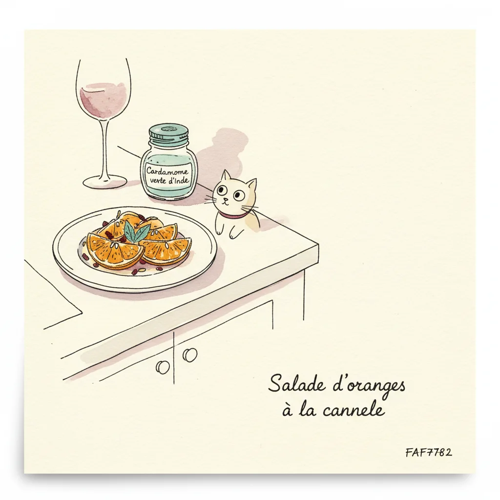 Illustration de Salade d'oranges a la cannelle avec sa recommandation condimentaire