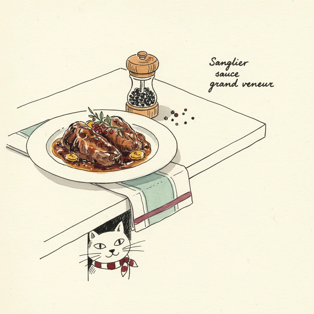 Illustration Sanglier sauce grand veneur avec Voatsiperifery