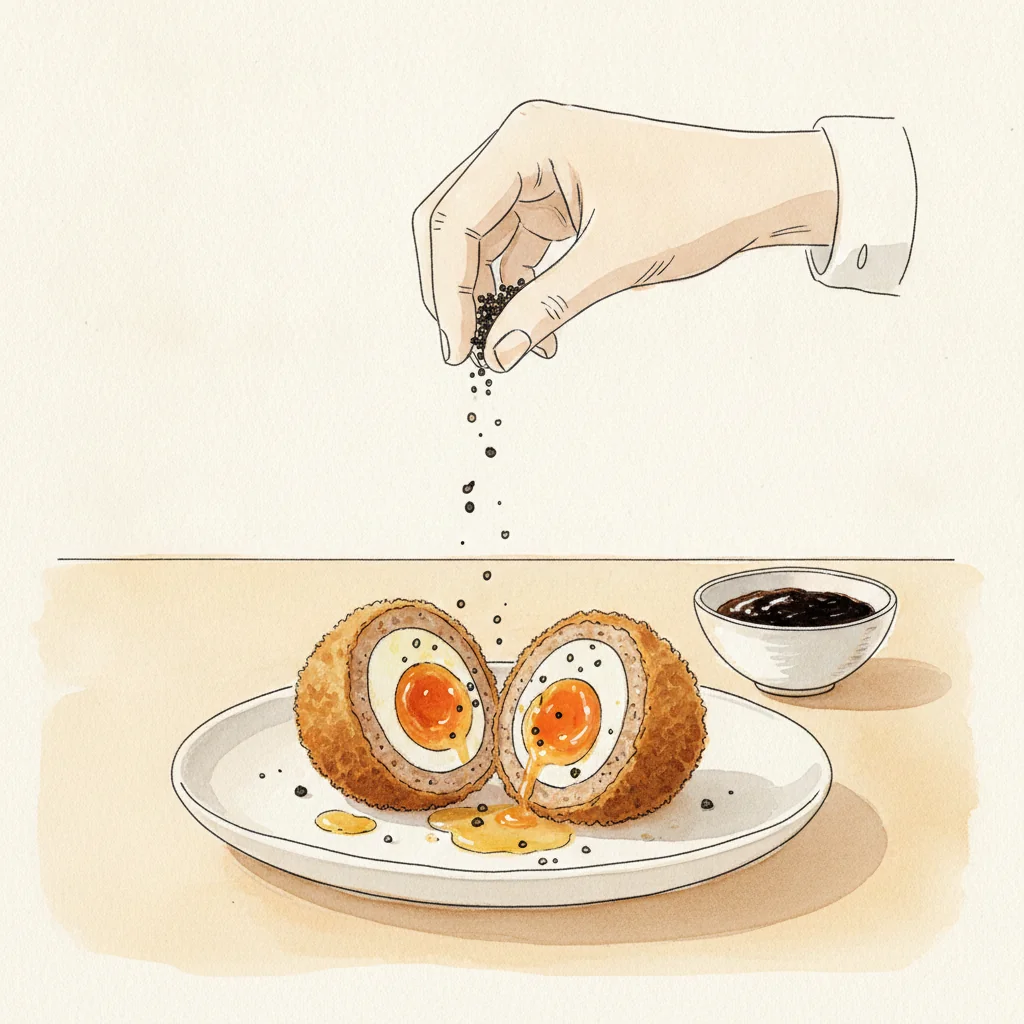 Illustration of Scotch egg with its condiment recommendation