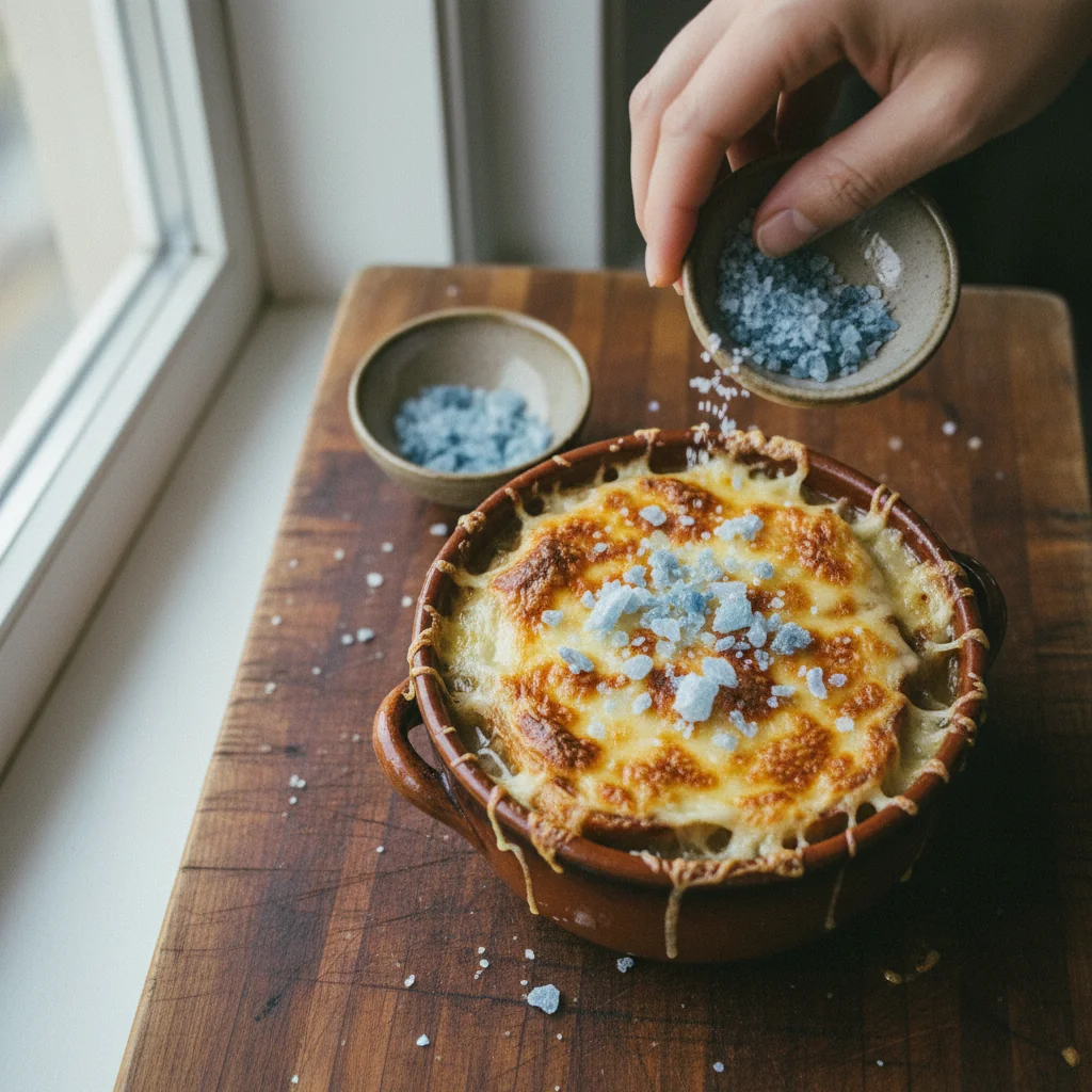 Illustration de Soupe à l'oignon gratinée avec sa recommandation condimentaire