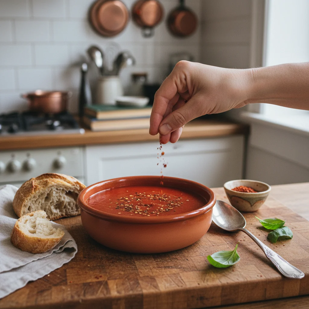 Illustration de Soupe tomate basilic avec sa recommandation condimentaire