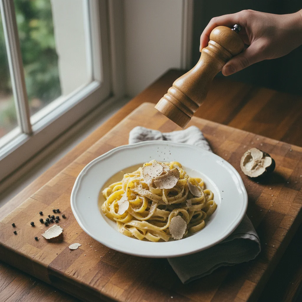 Illustration de Tagliatelles à la truffe blanche avec sa recommandation condimentaire