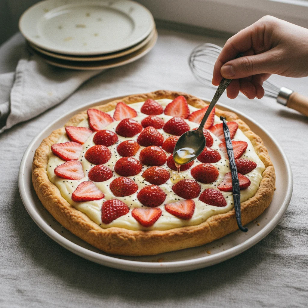 Illustration de Tarte aux fraises à la crème pâtissière avec sa recommandation condimentaire