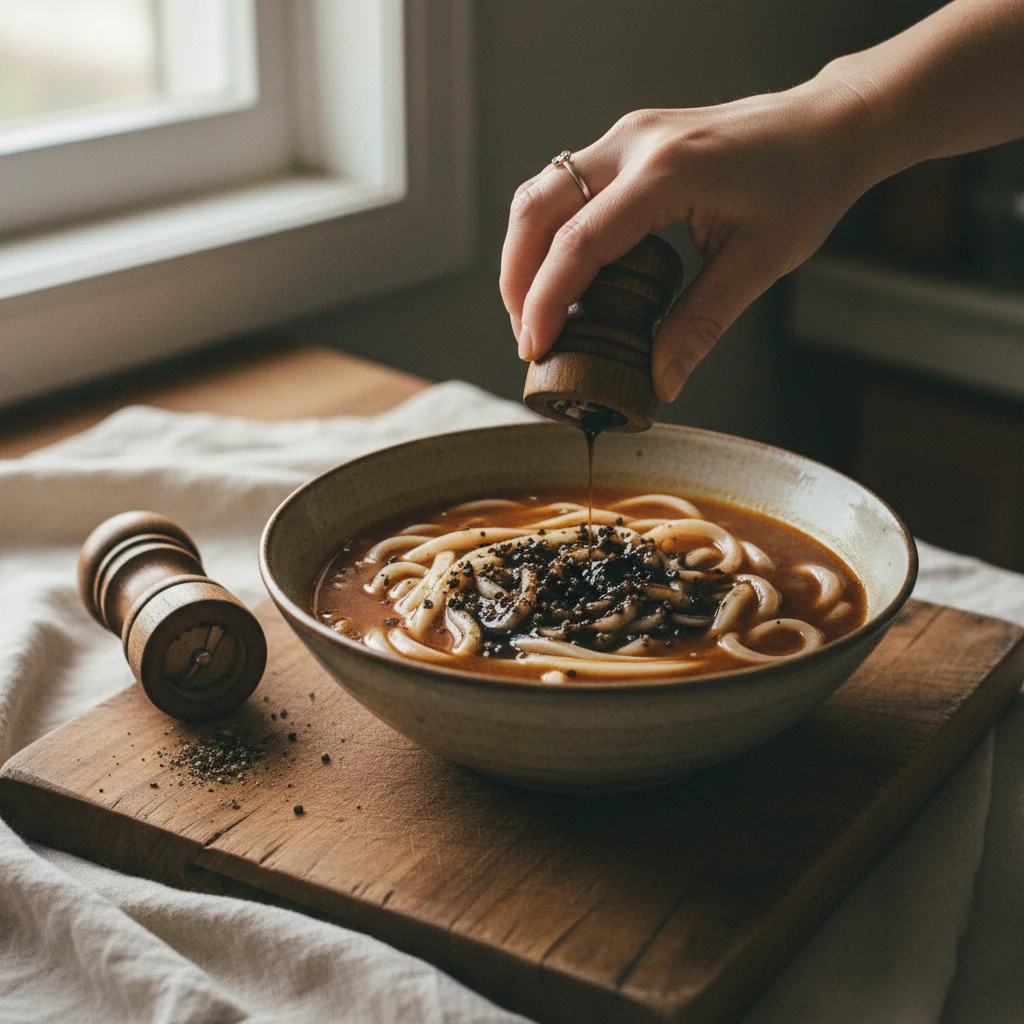 Illustration de Udon en bouillon miso avec sa recommandation condimentaire