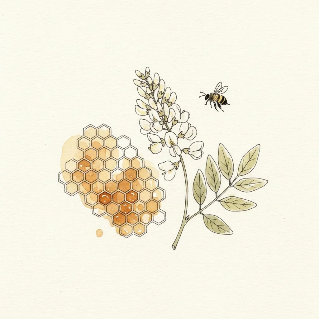 Glass jar of pale water-white acacia honey, crystal-clear and runny, a wooden dipper drawing a thin thread, on a bright counter