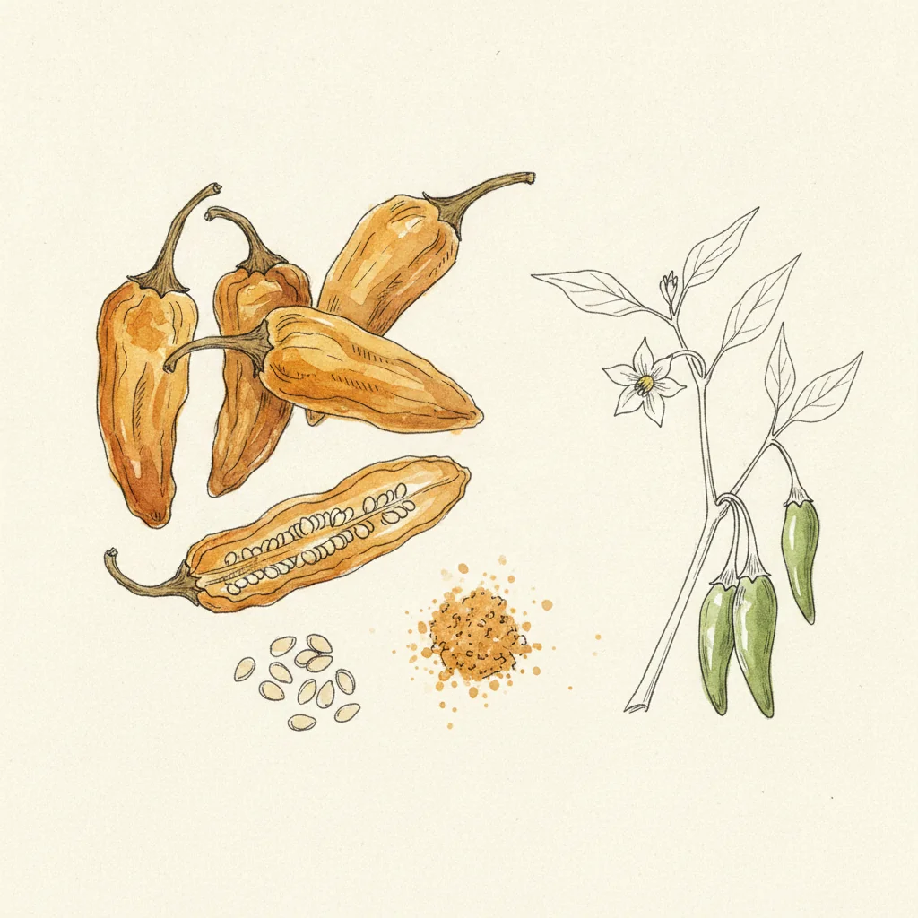 Aji amarillo dried mirasol chiles, wrinkled deep orange Peruvian peppers, macro on a dark matte background