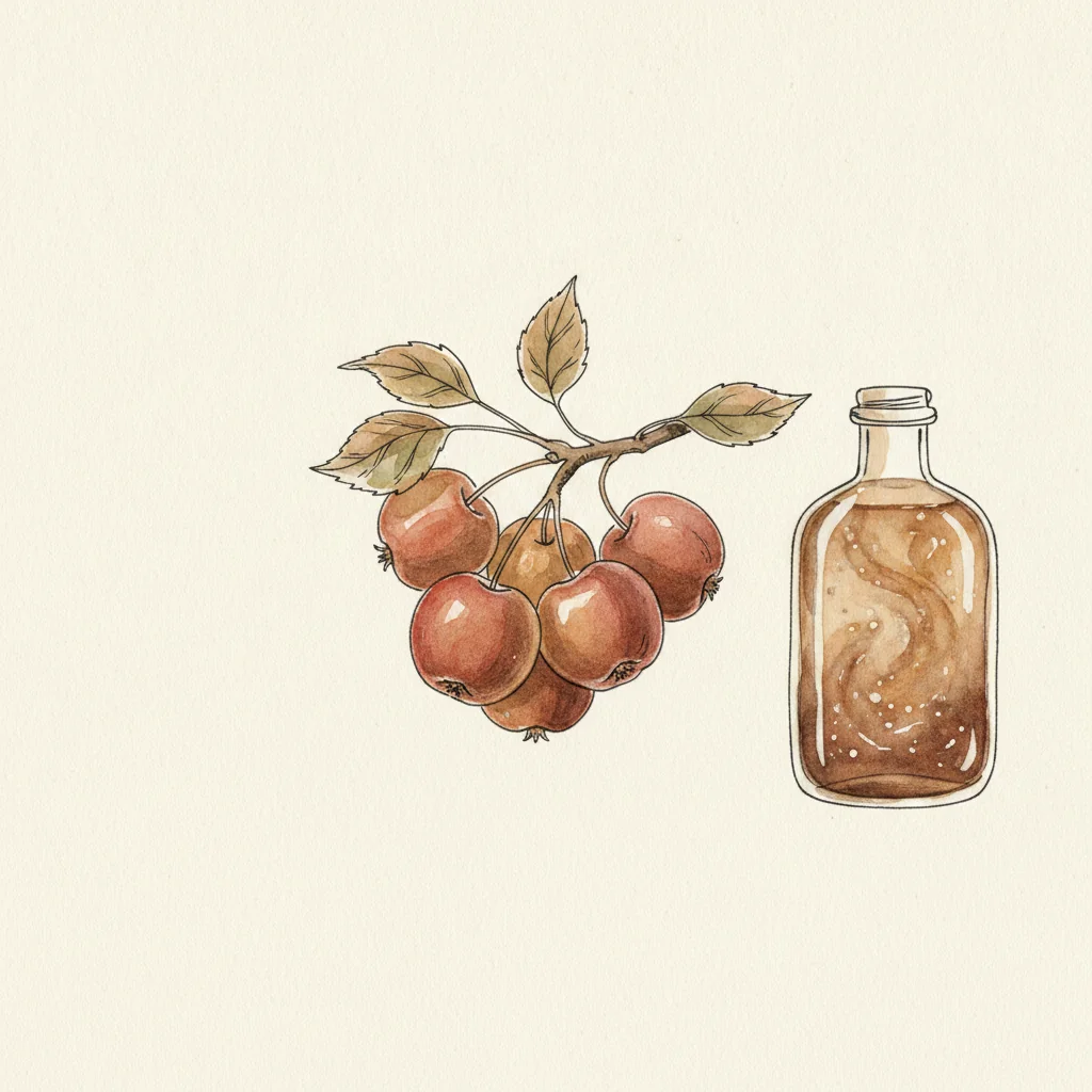 A bottle of cloudy golden raw apple cider vinegar with the mother visible as a soft raft at the bottom, on a wooden kitchen counter