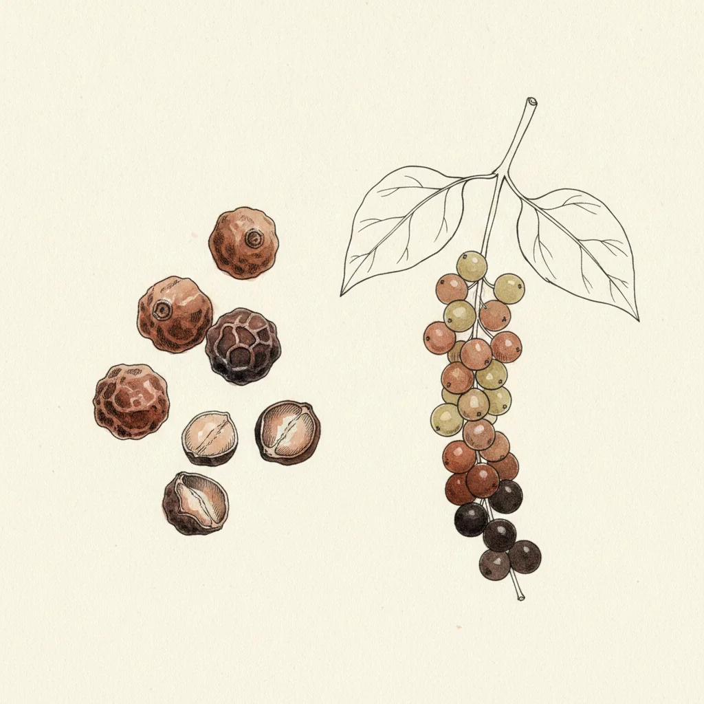 Diaspora Co Aranya black peppercorns, wrinkled deep-brown grains with reddish highlights, poured from a glass jar, macro on a warm linen background
