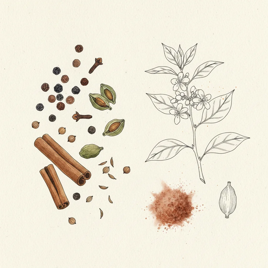 Close-up of deep brick-brown baharat heaped in a pale stone mortar, with whole allspice berries, cardamom pods and black peppercorns scattered alongside