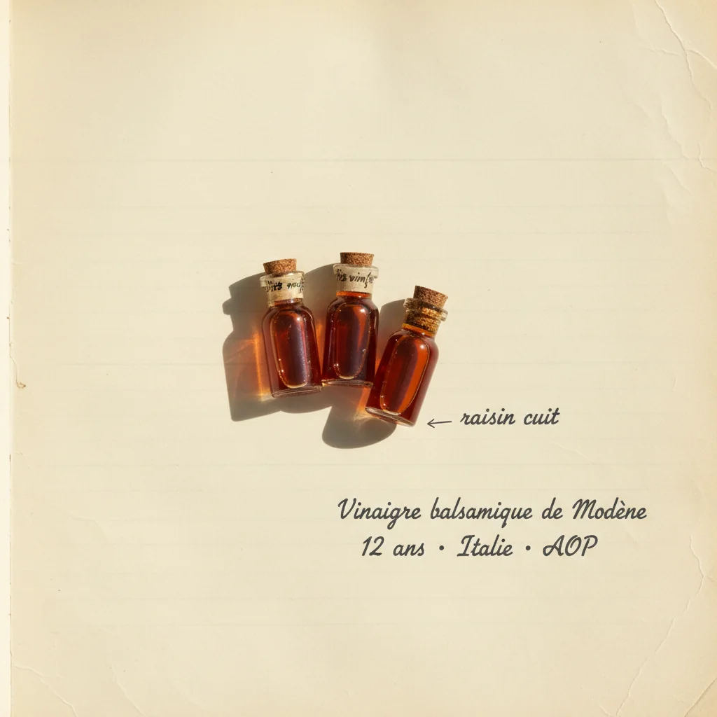 Petite bouteille de balsamique Tradizionale de Modène 12 ans, flacon Giugiaro, à côté de copeaux de parmesan