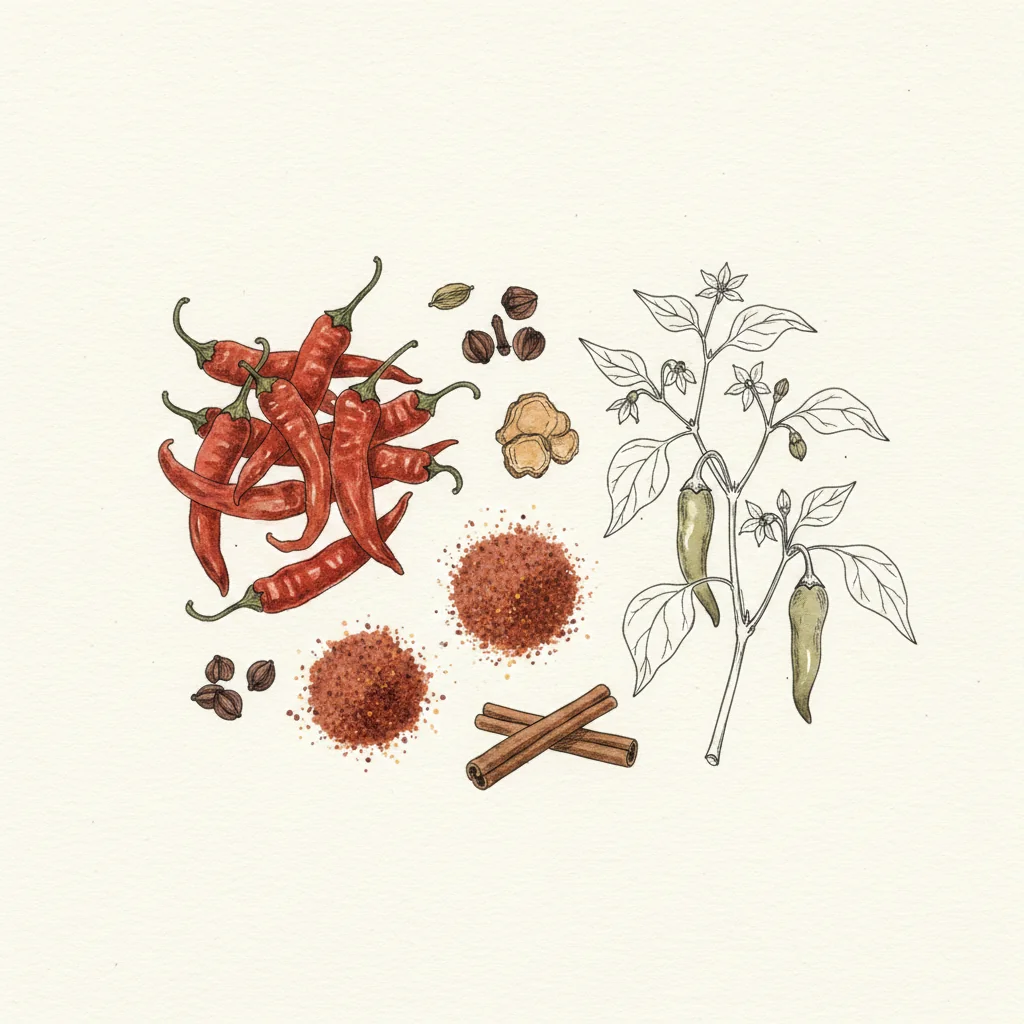 A mound of brick-red berbere spice blend in close-up, fine deep-red powder flecked with chile, in a pale stone mortar on a dark matte background