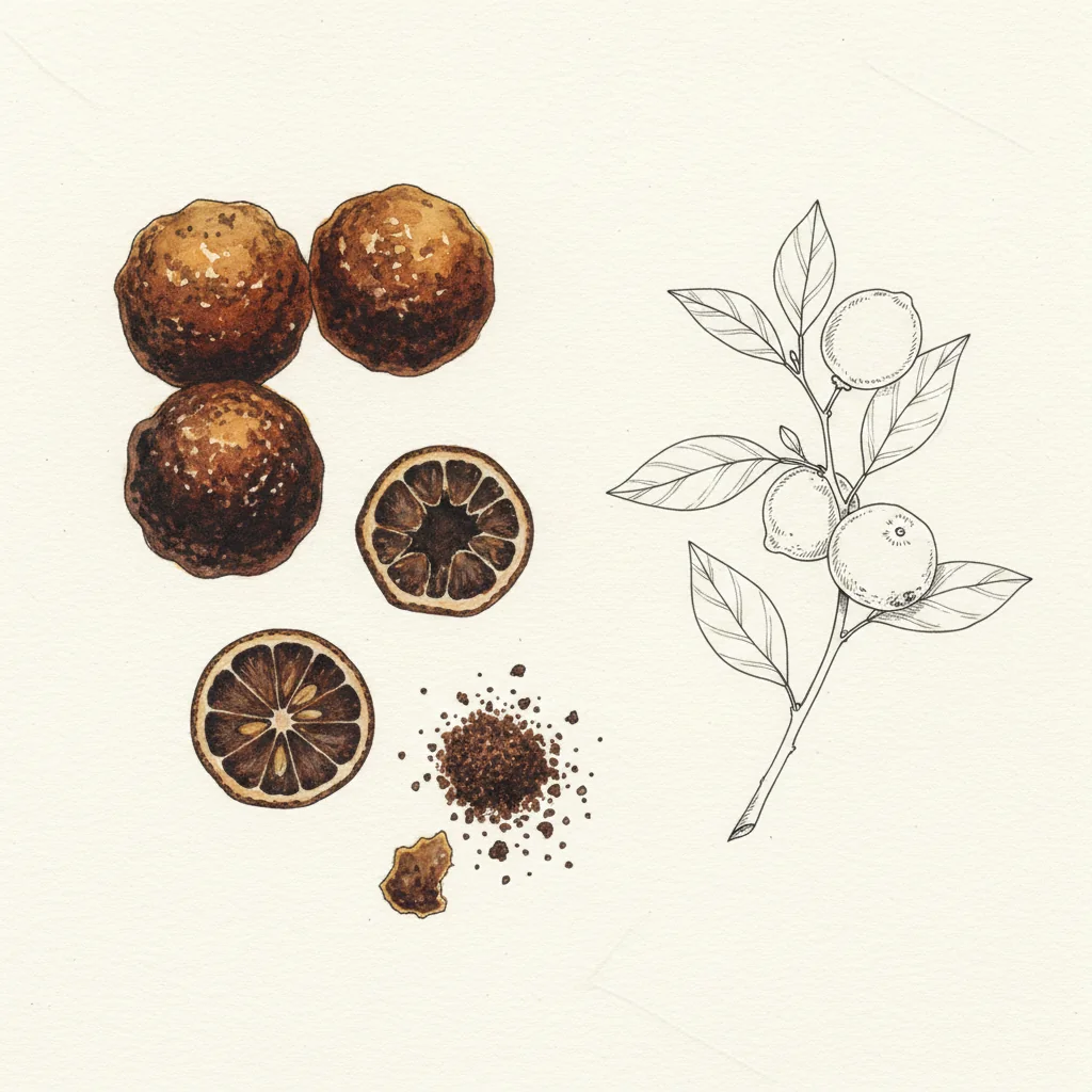 Whole black limes (loomi), hard and hollow with blackened cracked skin, beside a small pile of dark ground black lime powder on a dark matte background