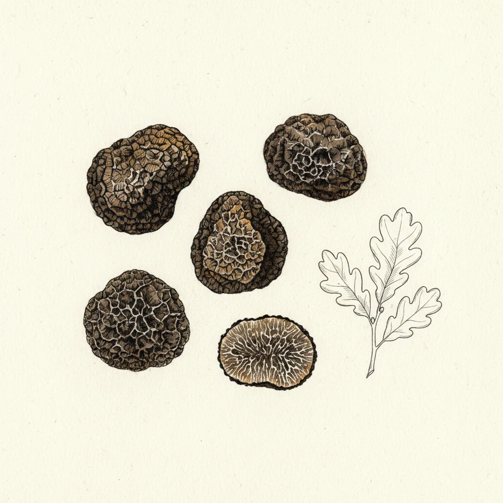 Whole Périgord black truffle in close-up, warty black skin with a white-veined cut face, resting on natural linen with a soft brush