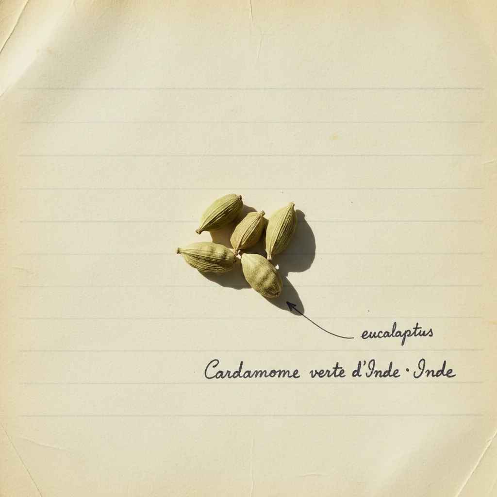 Capsules de cardamome verte d'Inde en tas, certaines ouvertes laissant voir les graines noires