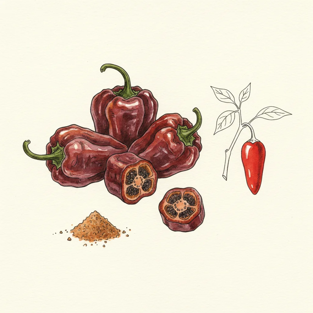 Whole dried chipotle morita chiles in macro, deep reddish-purple wrinkled leathery pods, in a white ceramic bowl