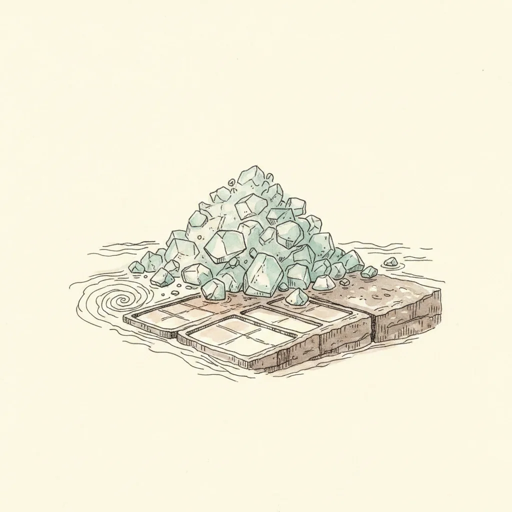 Cornish sea salt, small crisp white flakes in a loose pile, macro on a dark matte background