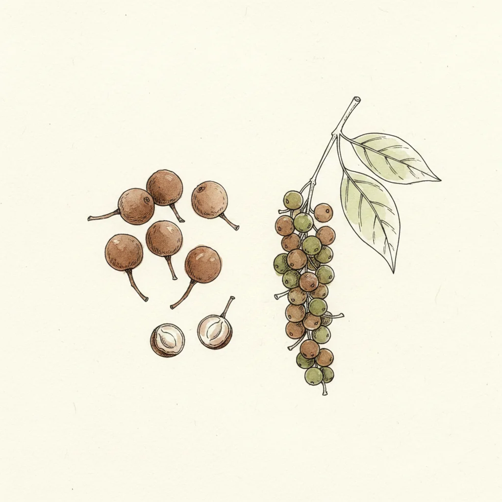 Cubeb pepper berries with their distinctive little tails, dark wrinkled brown spheres, macro on a burlap background